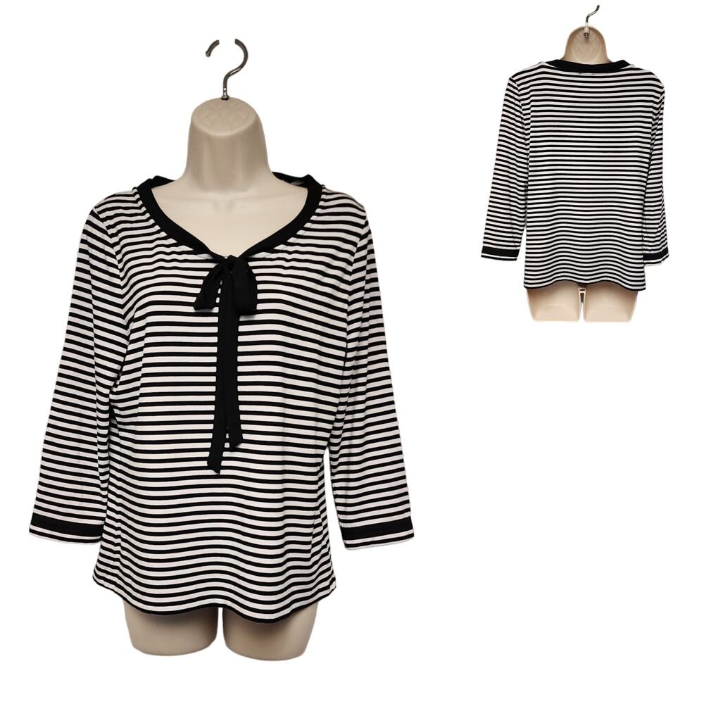 Talbots Womens Top Black White Stripe Knit 3/4 Sleeve Blouse Size PL